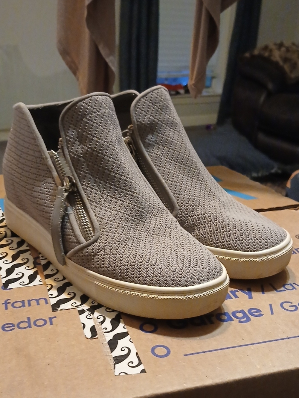 Steve Madden Taupe Knit Zip Wedge Sneakers,sz.7